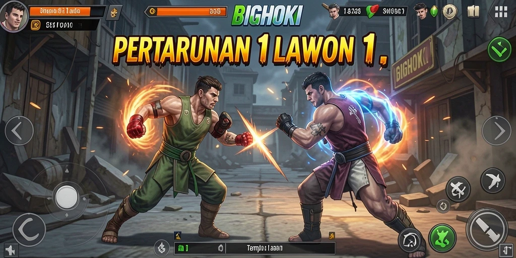 Tampilan antarmuka BIGHOKI dalam pertarungan 1 lawan 1 yang menarik.