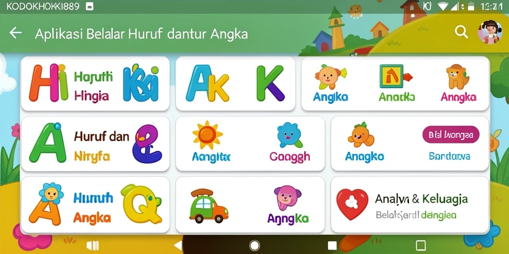 Antarmuka interaktif aplikasi KODOKHOKI889 untuk Belajar Huruf Angka.