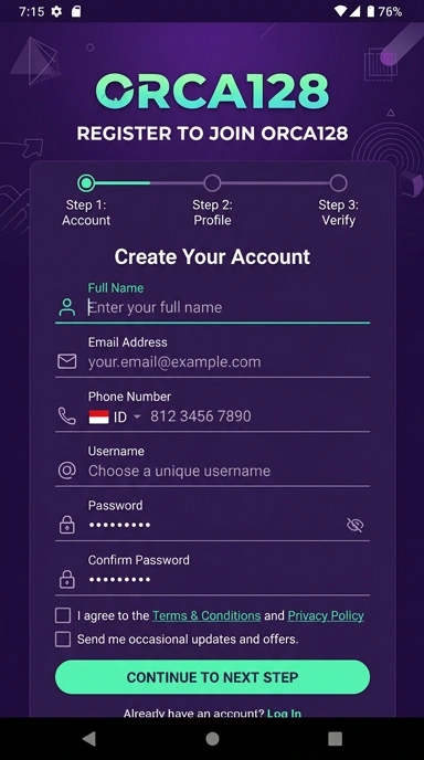 Panduan Registrasi Akun Baru orca128 untuk Android